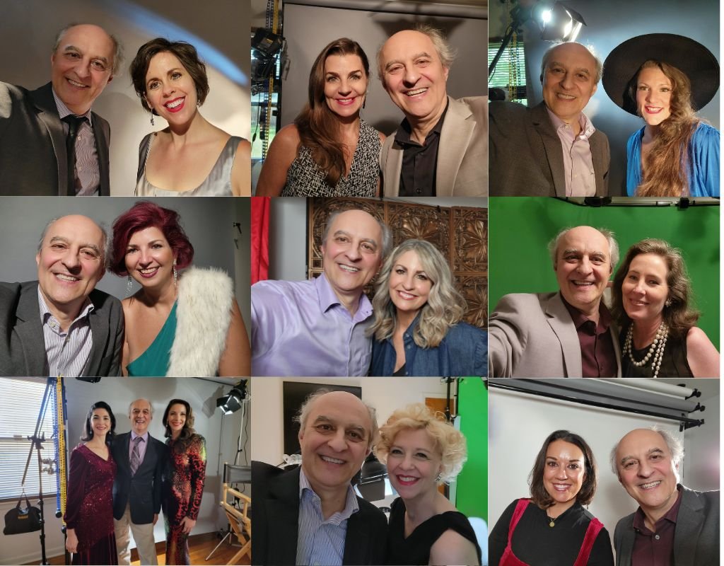 Composition of selfies of Paolo with happy clients after their portrait session in his studio in Charleston, SC
